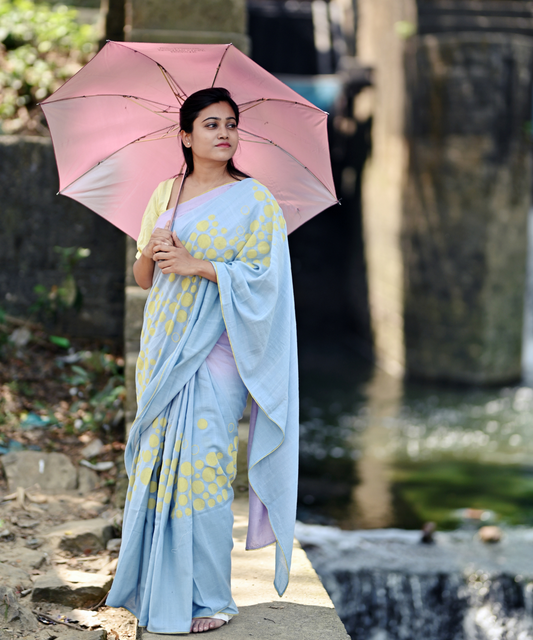 Blue lavender blockprinted khadi cotton saree