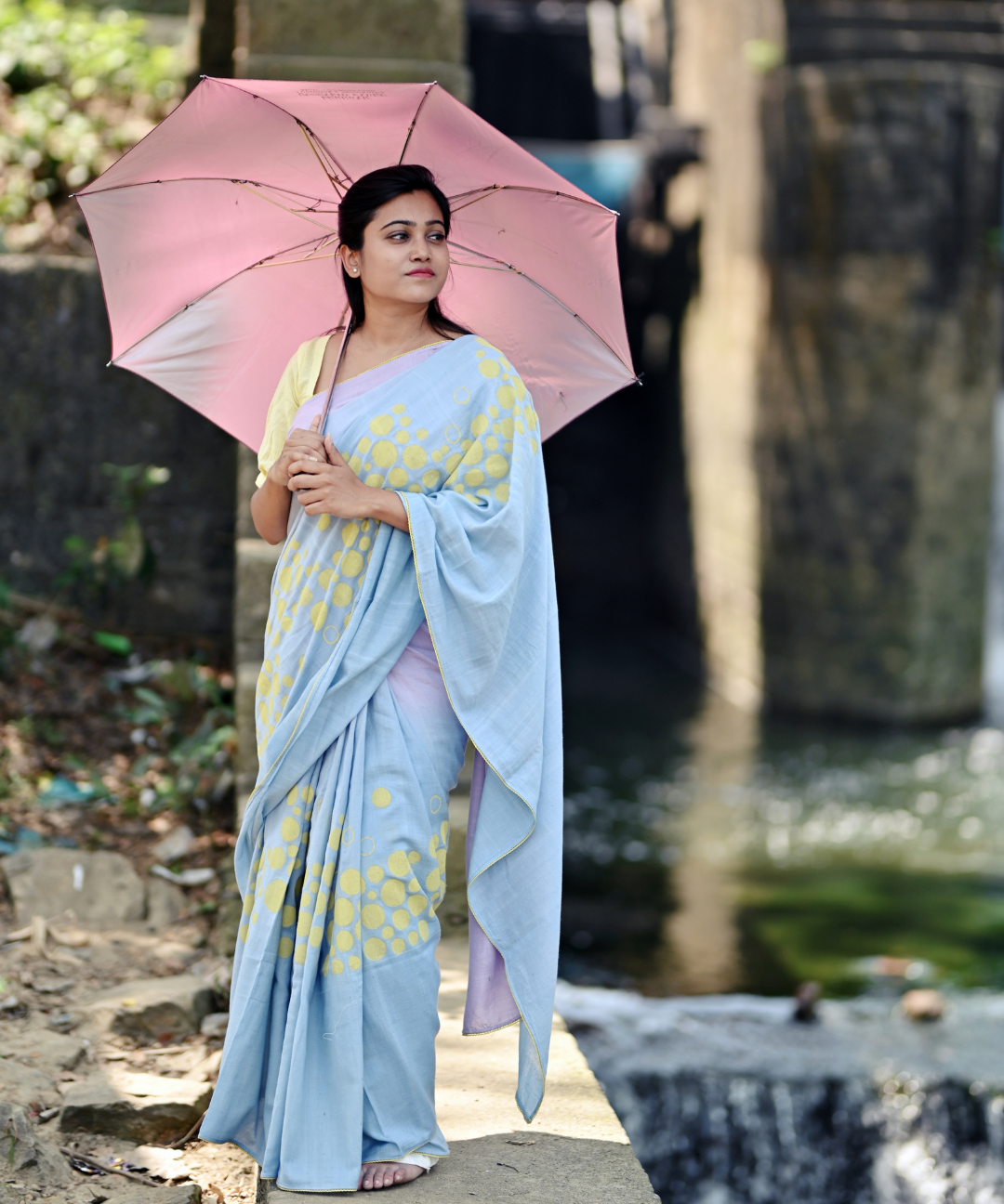 Blue lavender blockprinted khadi cotton saree