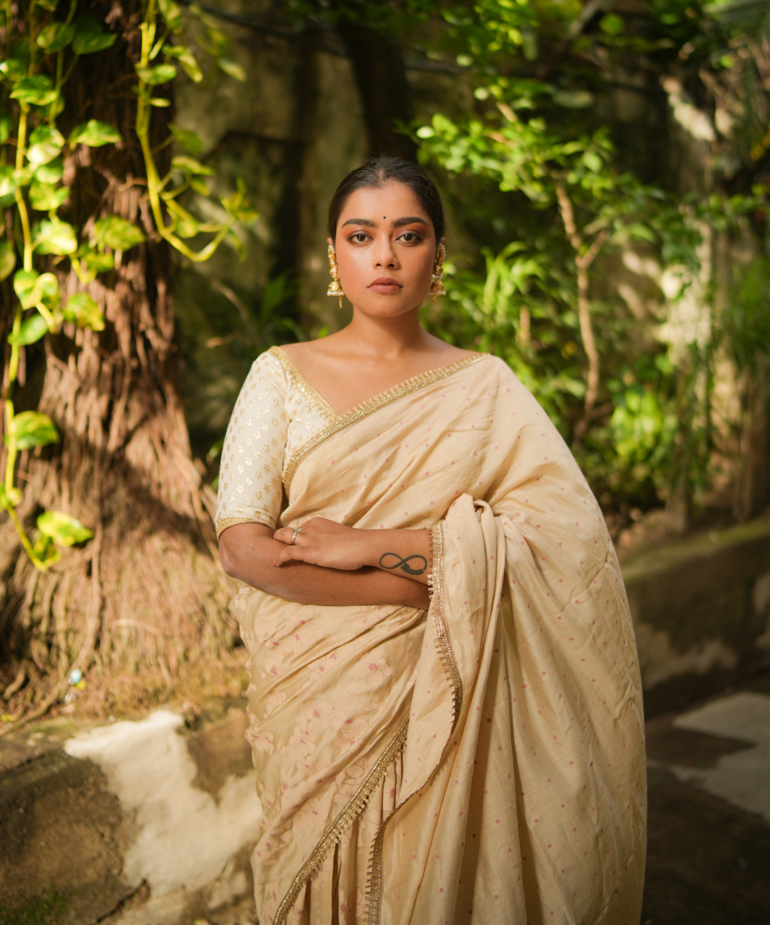 Beige blockprinted chanderi silk saree