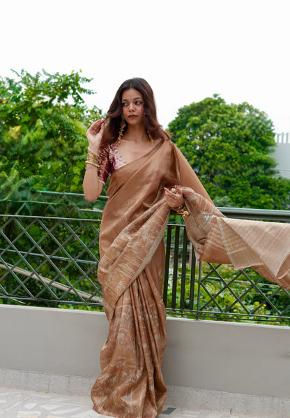 Brown abstract tissue silk saree