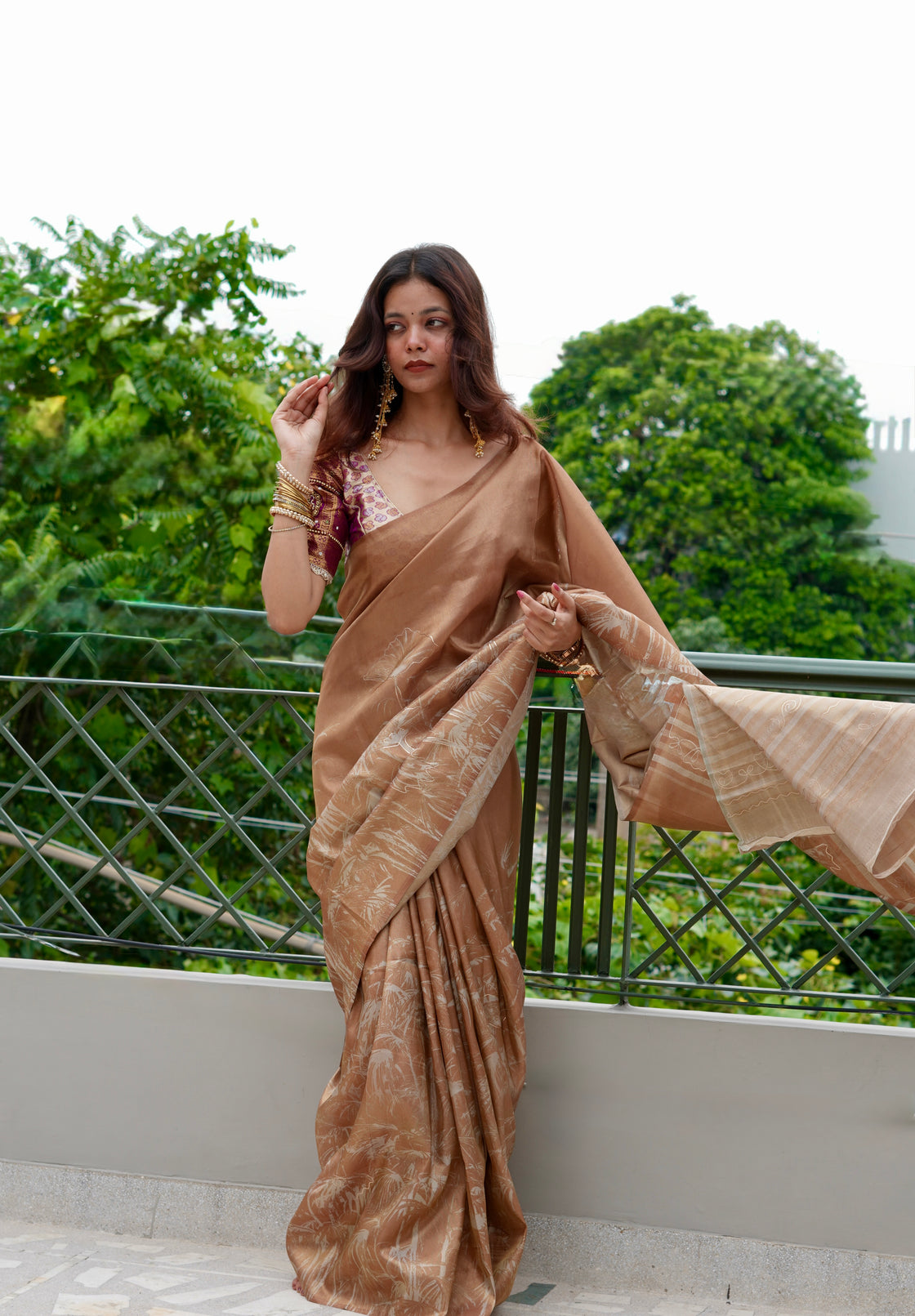 Brown abstract tissue silk saree