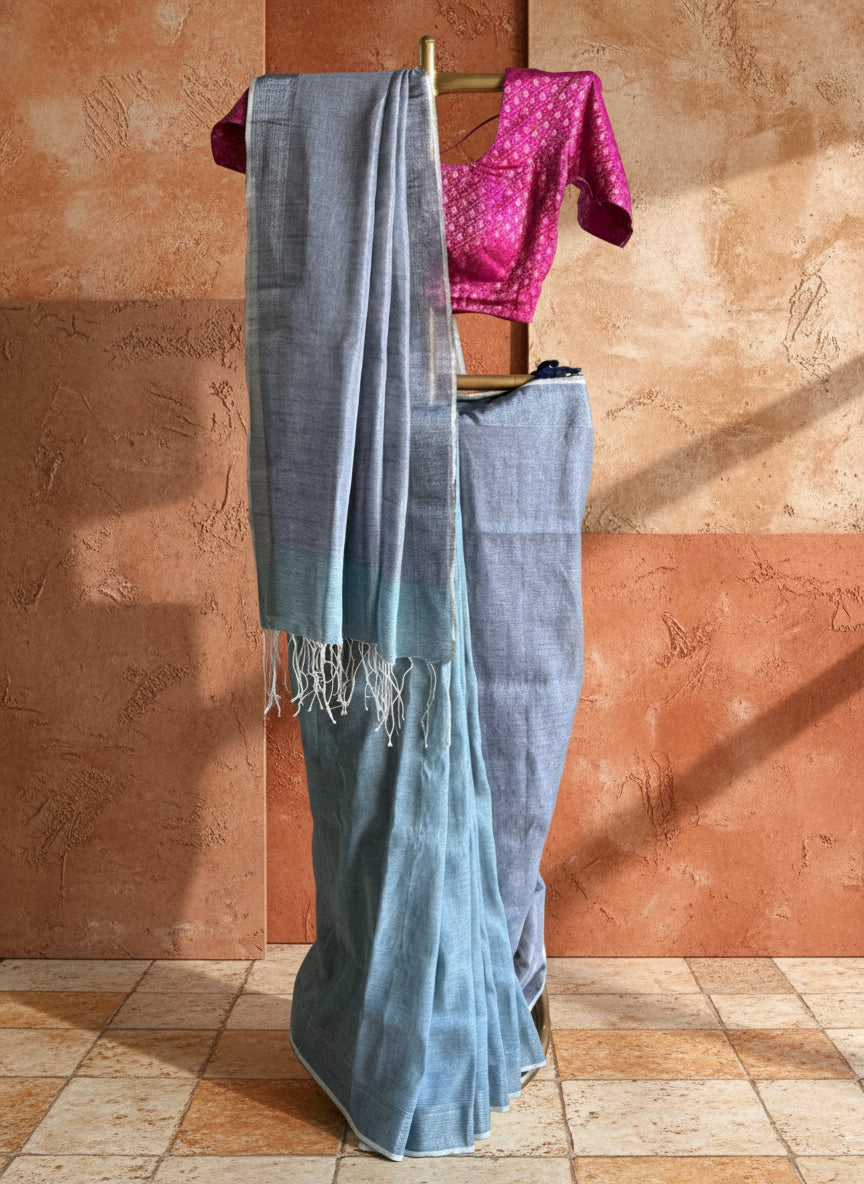 Blue linen zari saree