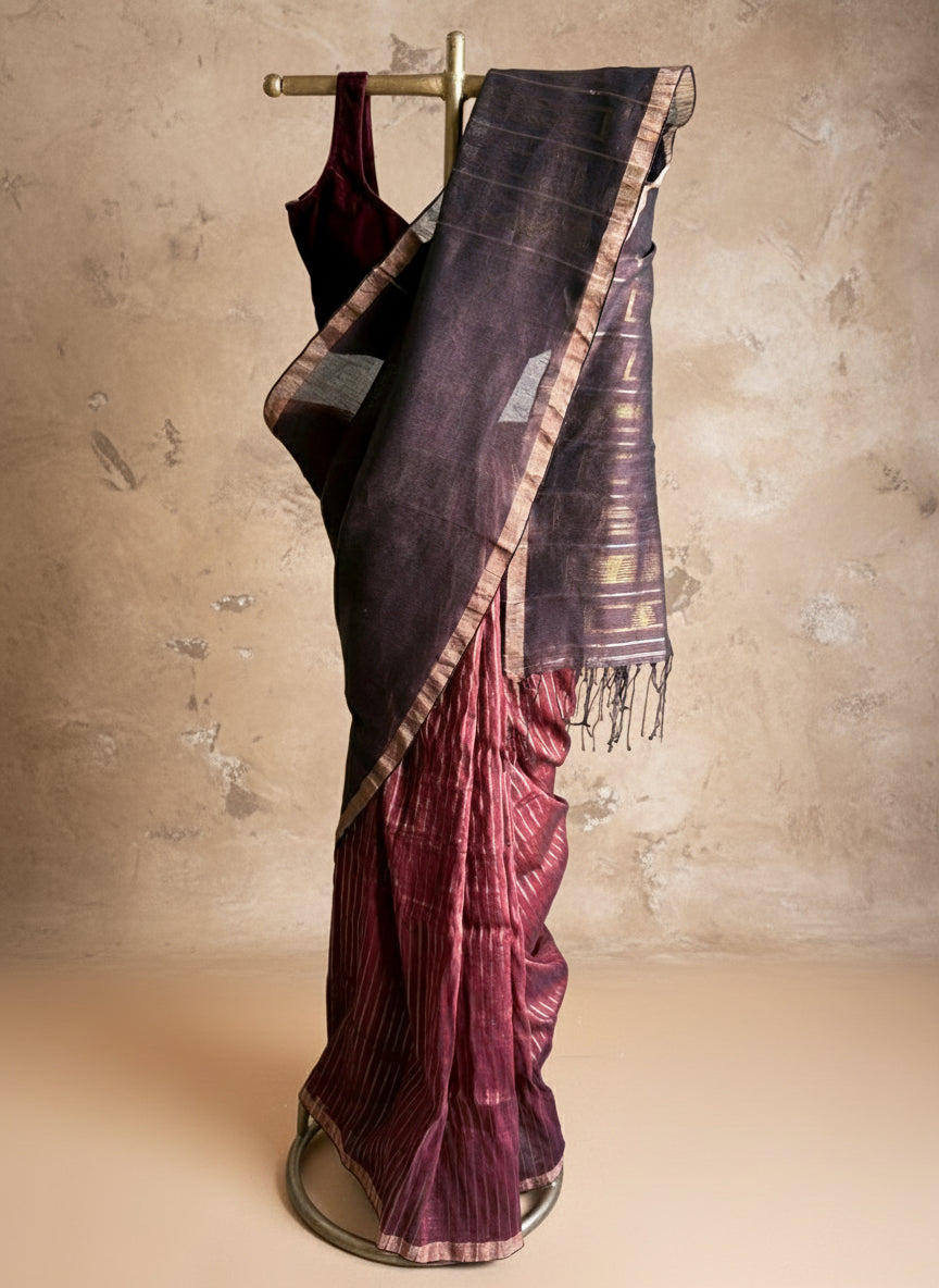 Maroon brown handwoven linen jamdani saree
