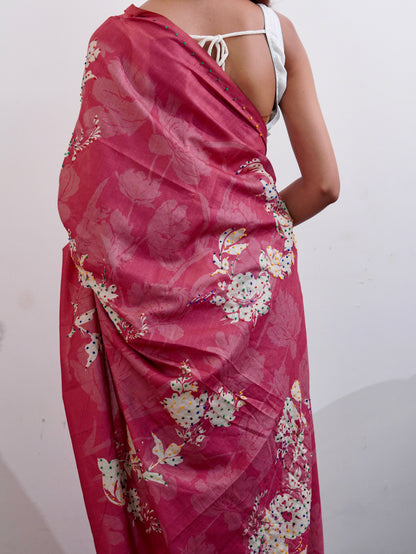 Pink floral French knot saree