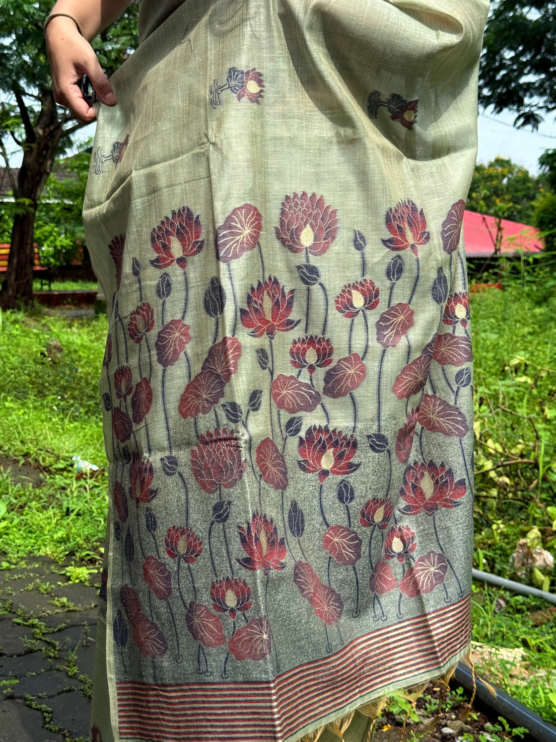 Green chanderi cotton lotus saree