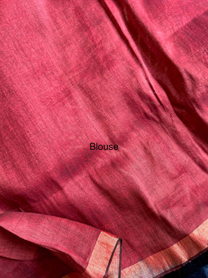 Maroon brown handwoven linen jamdani saree