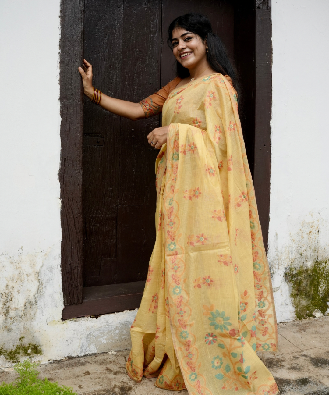 Yellow chanderi cotton jamdani saree