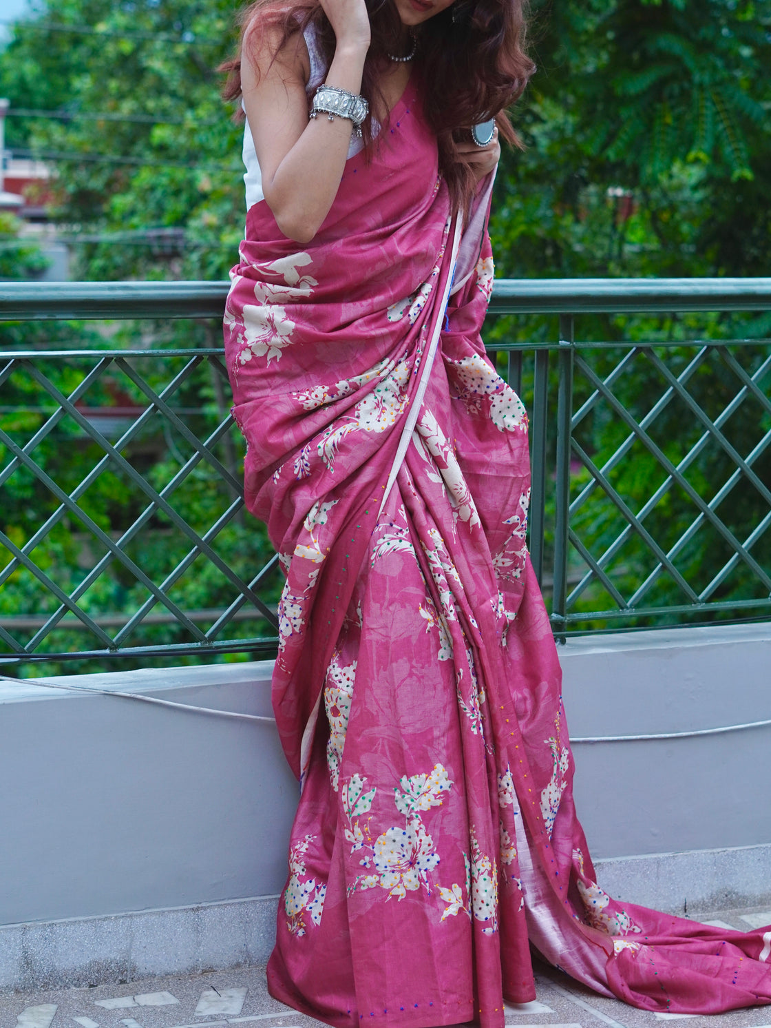 Pink floral French knot saree