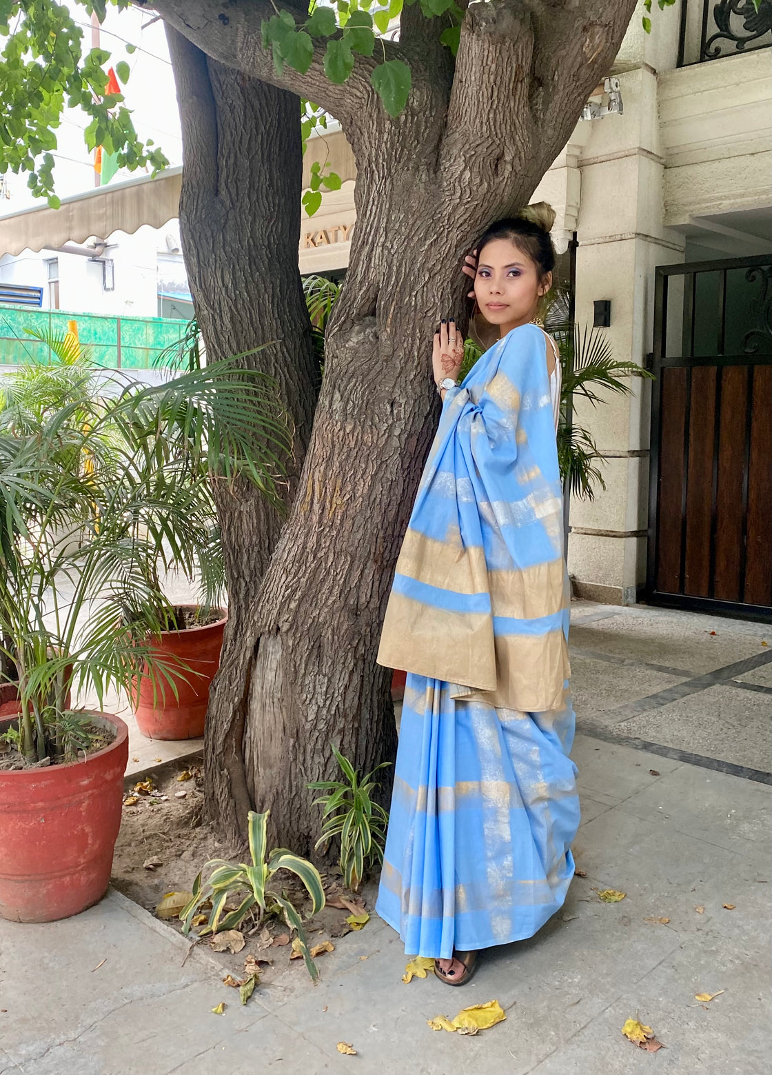 Blue cotton mulmul blockprinted saree