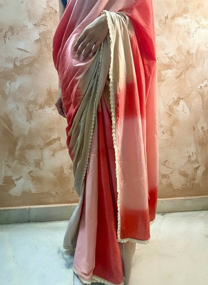 Pink red ombré cotton mulmul saree