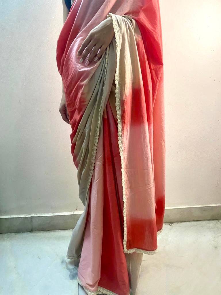 Pink red ombré cotton mulmul saree