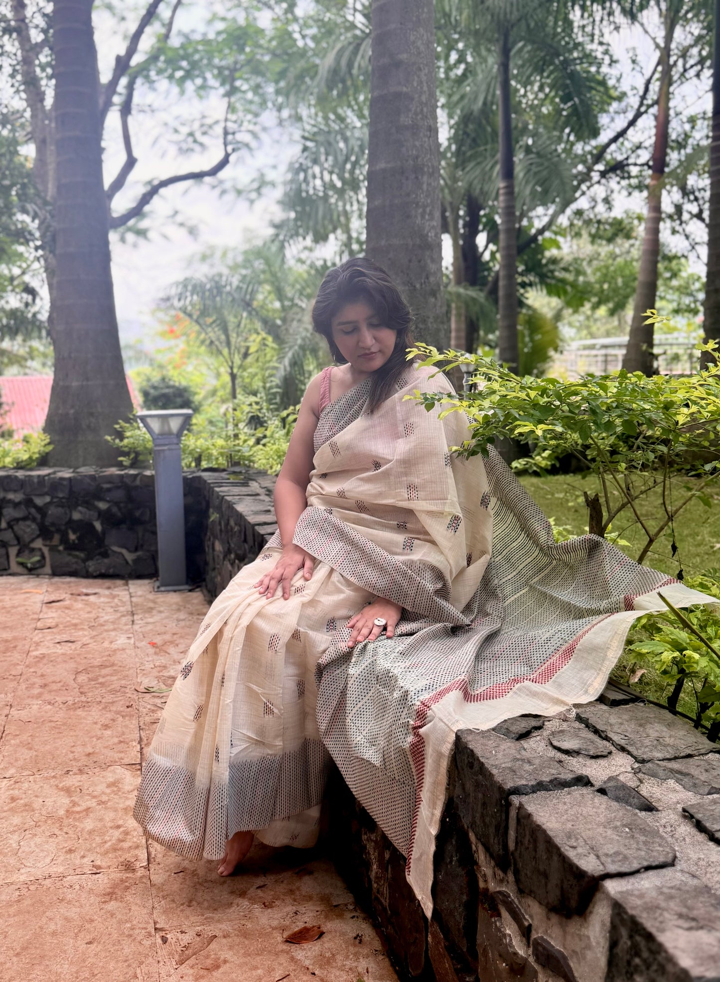 off white chanderi cotton kantha saree
