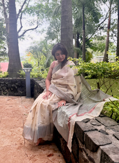 off white chanderi cotton kantha saree