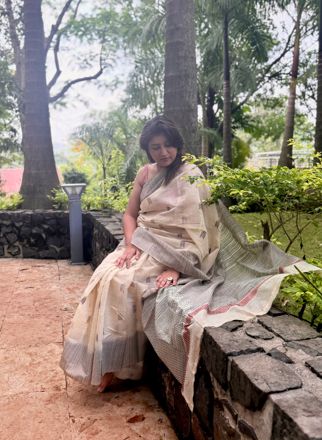 off white chanderi cotton kantha saree