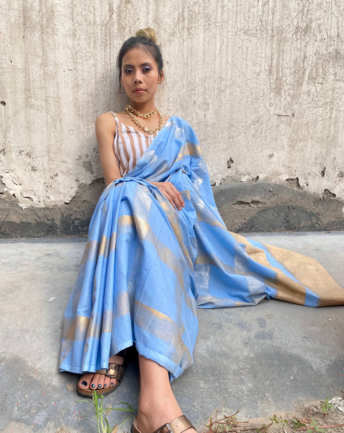 Blue cotton mulmul blockprinted saree