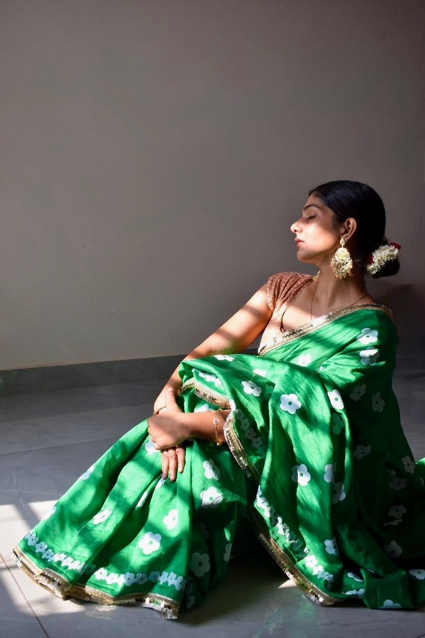 Green blockprinted chanderi silk saree