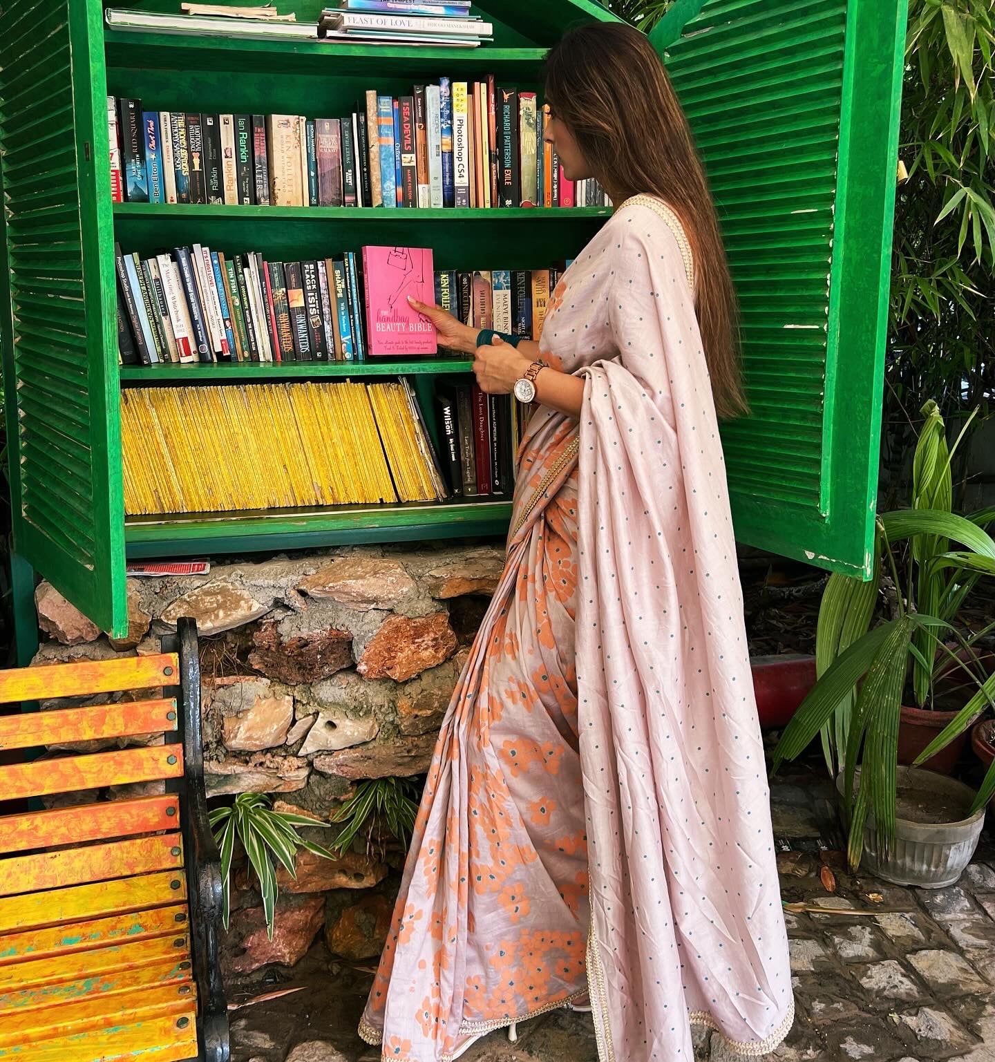 Orange blockprinted chanderi silk saree