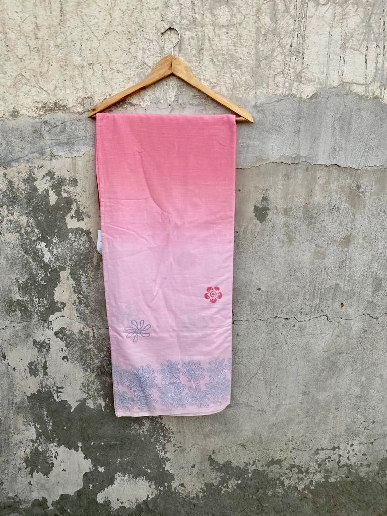 Pink ombré hand blockprinted cotton mulmul saree