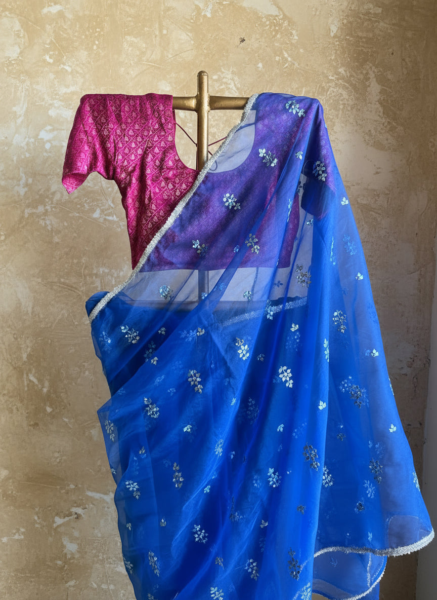 Blue organza saree