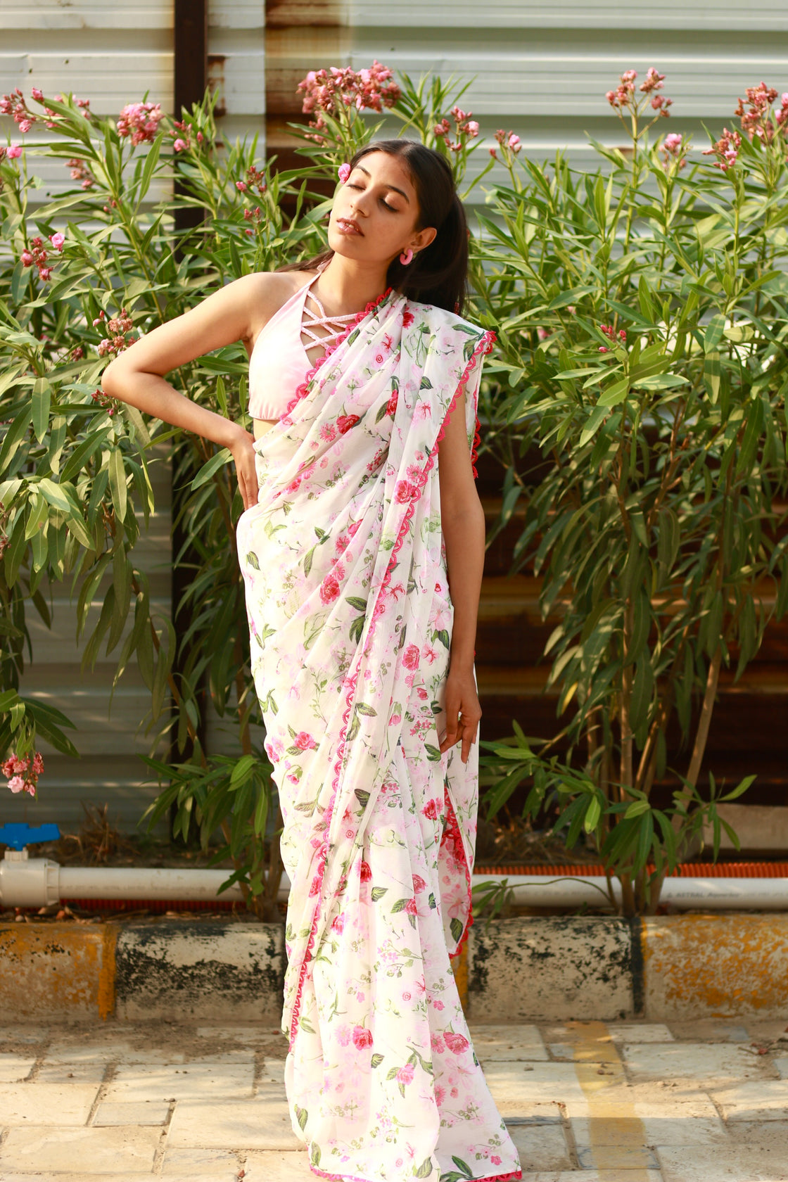 White Chiffon Floral Print Saree