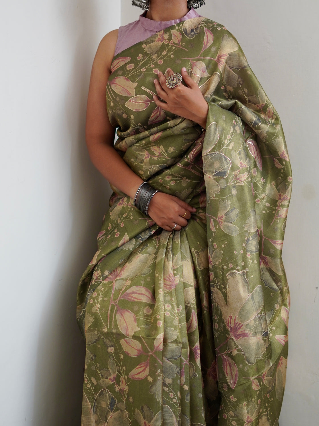 Green abstract tissue silk saree