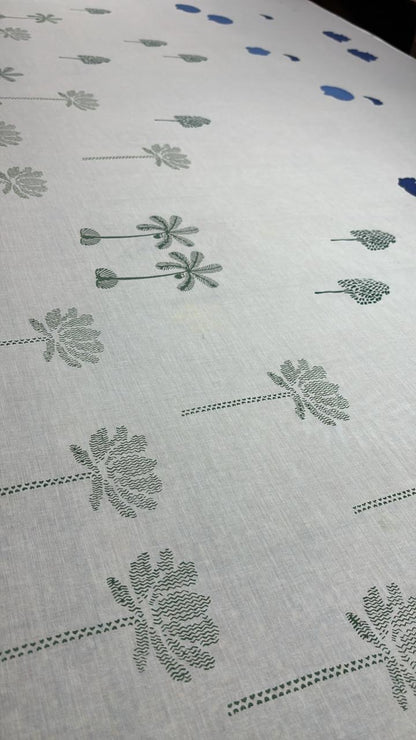 Blue summer sky block printed mulmul saree