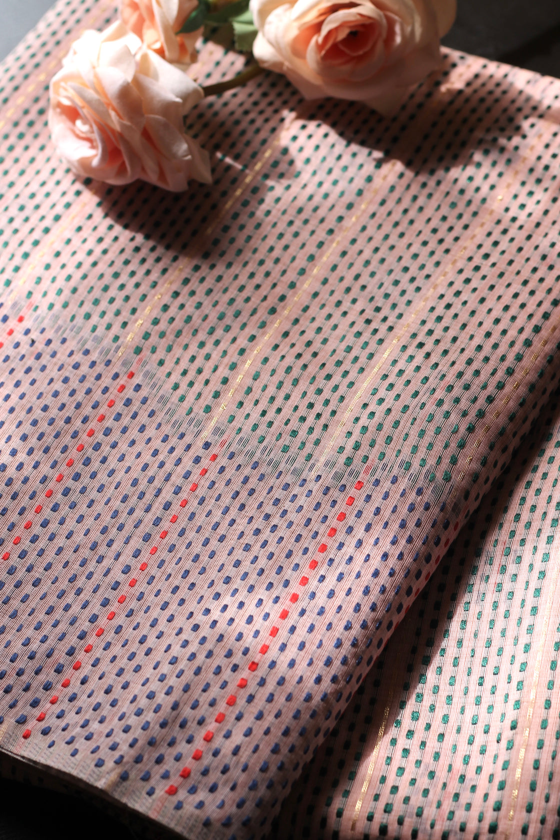 Peach chanderi cotton kantha saree