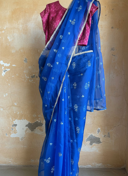 Blue organza saree