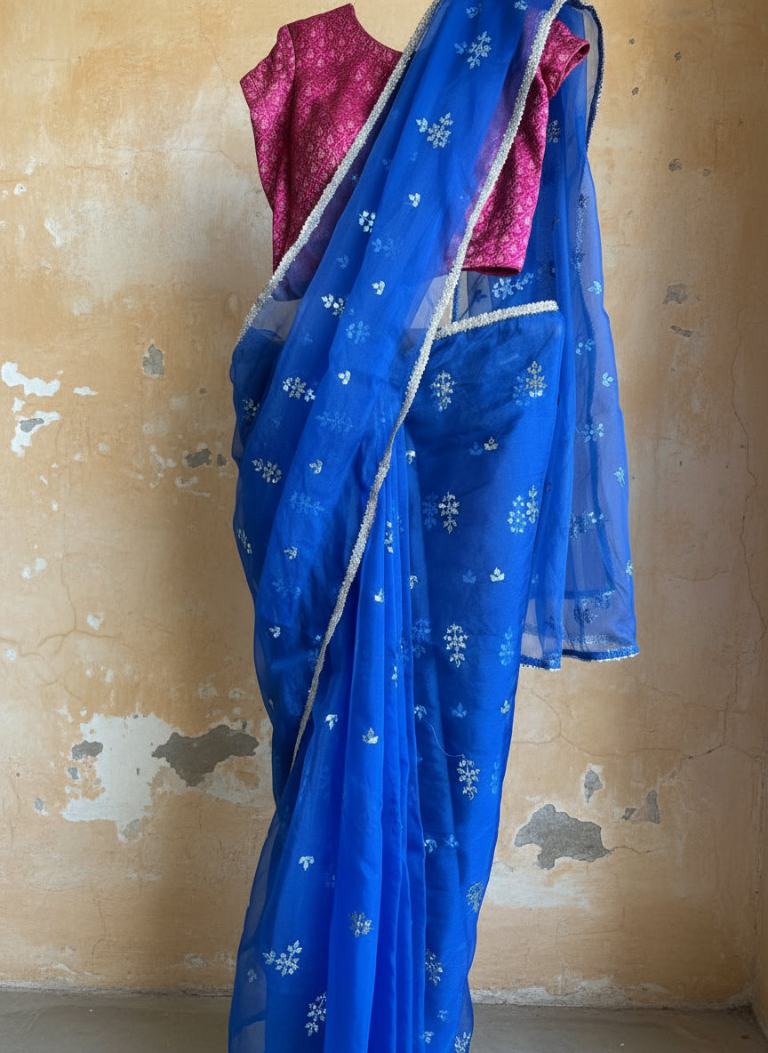Blue organza saree