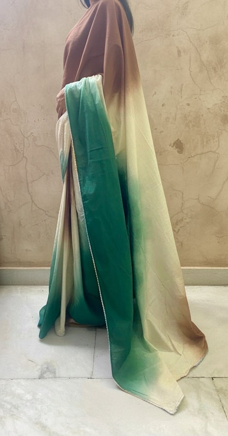 Brown green ombré cotton mulmul saree
