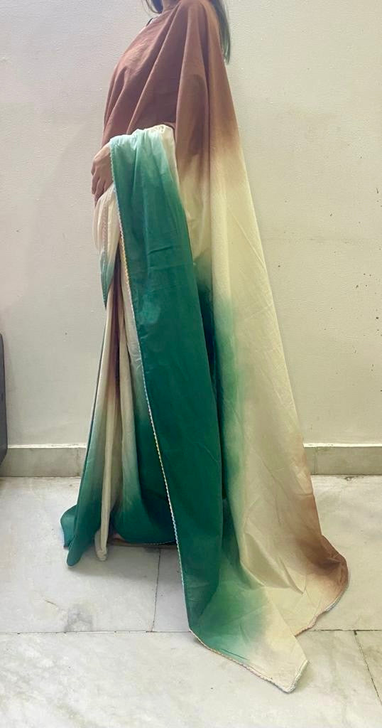 Brown green ombré cotton mulmul saree