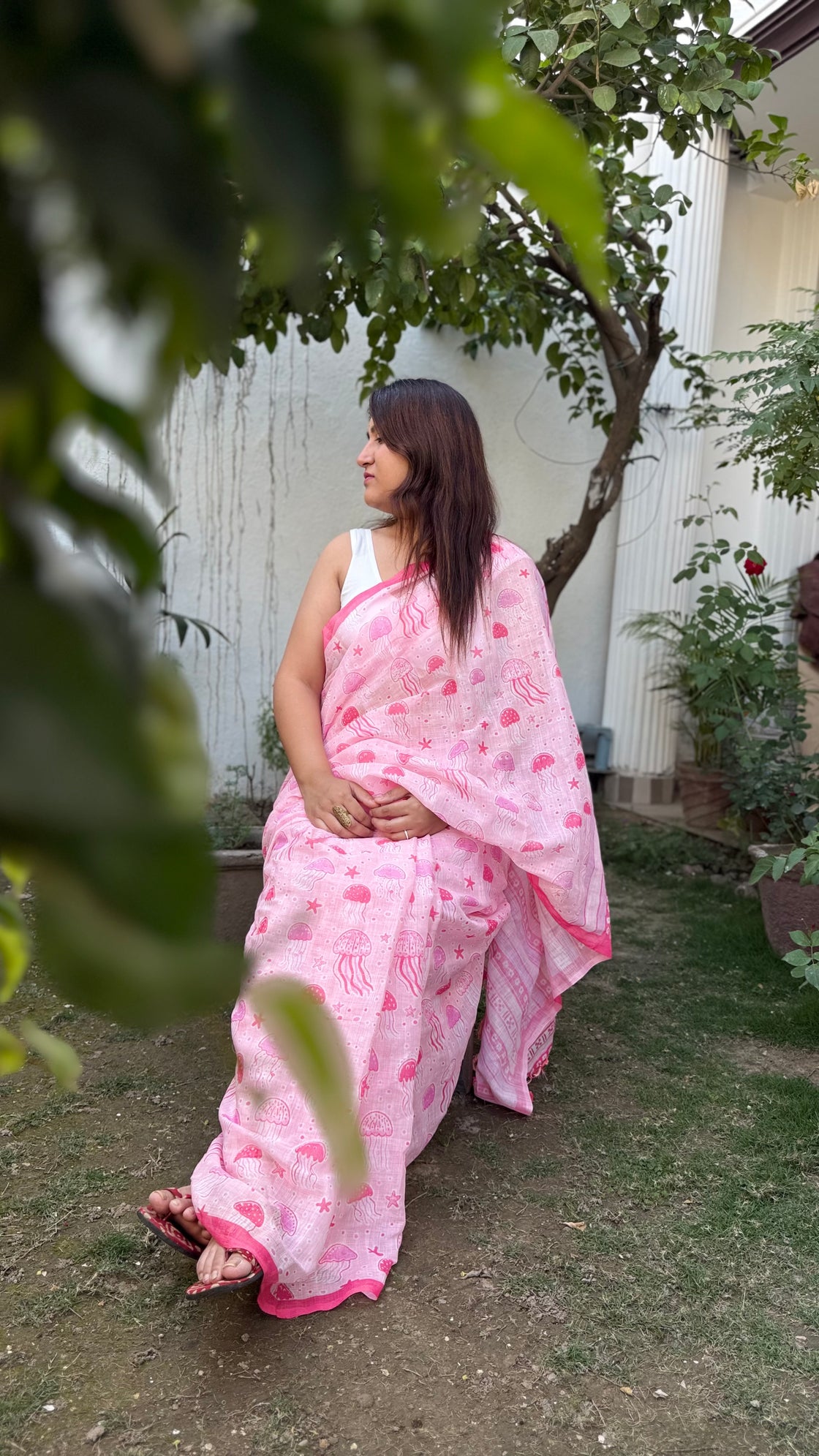 Pink linen cotton printed saree