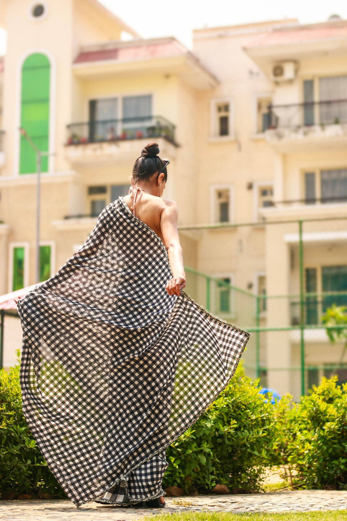 Black and white georgette checkered saree