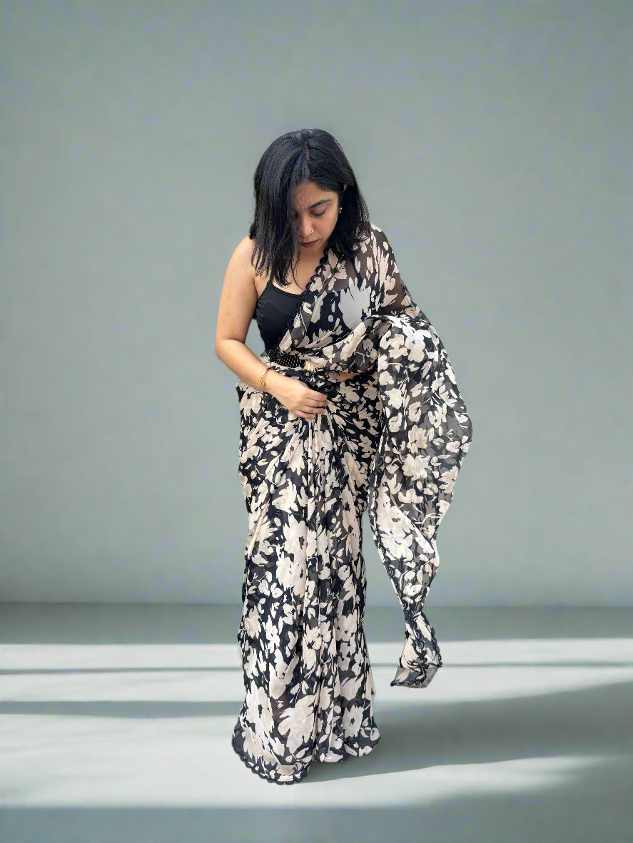 Black floral chiffon saree