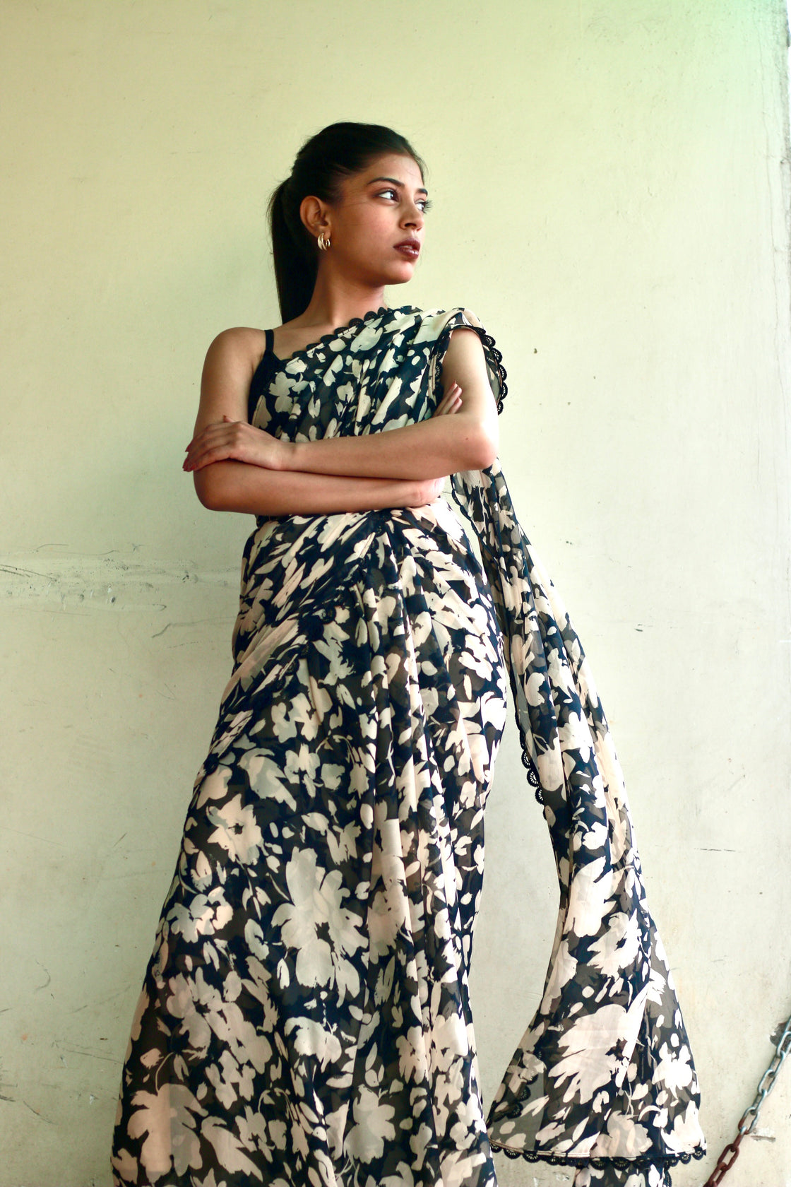 Black floral chiffon saree