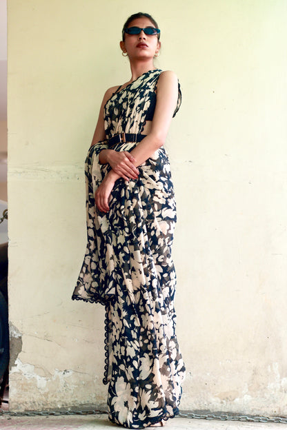 Black floral chiffon saree