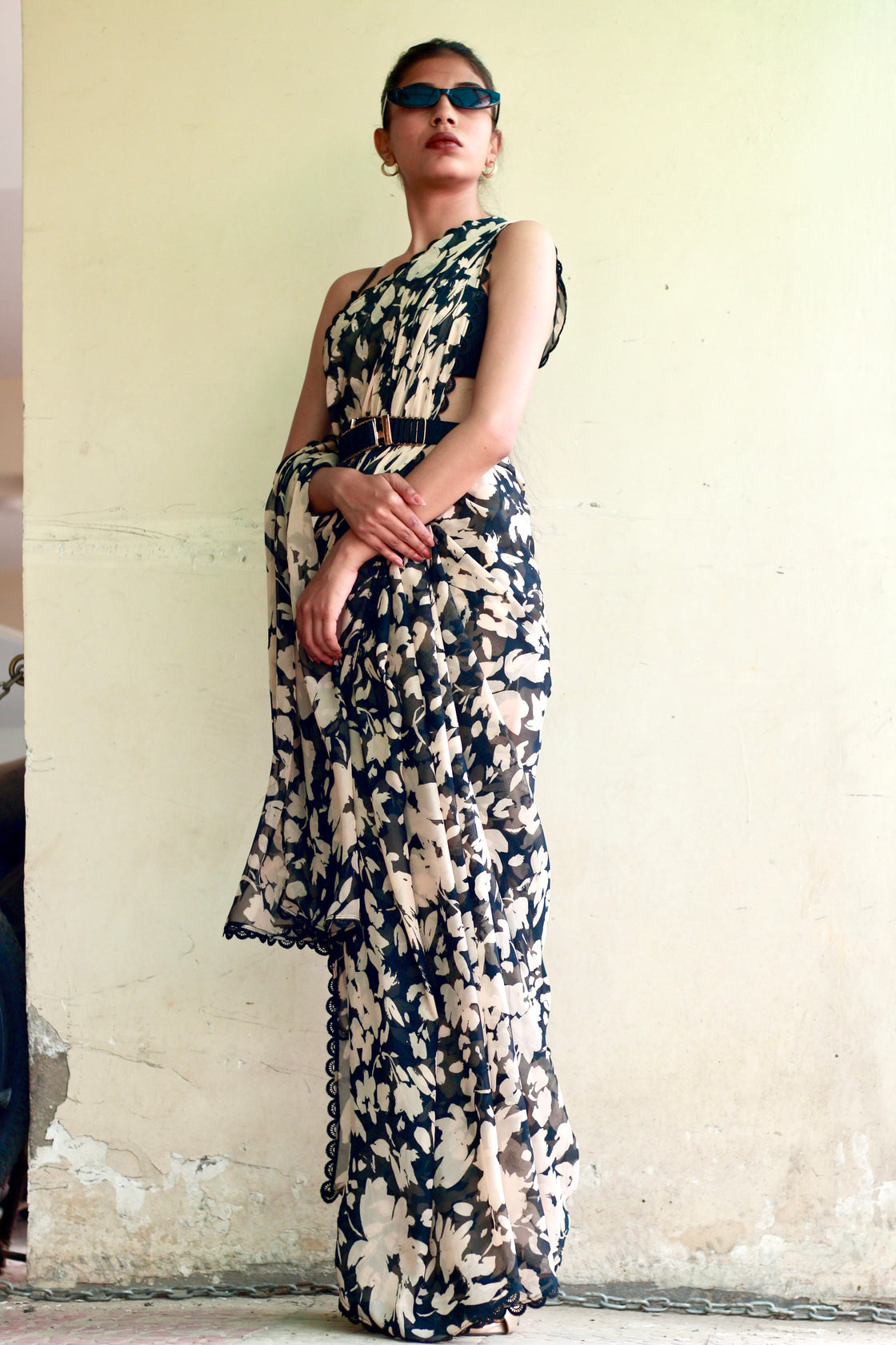 Black floral chiffon saree
