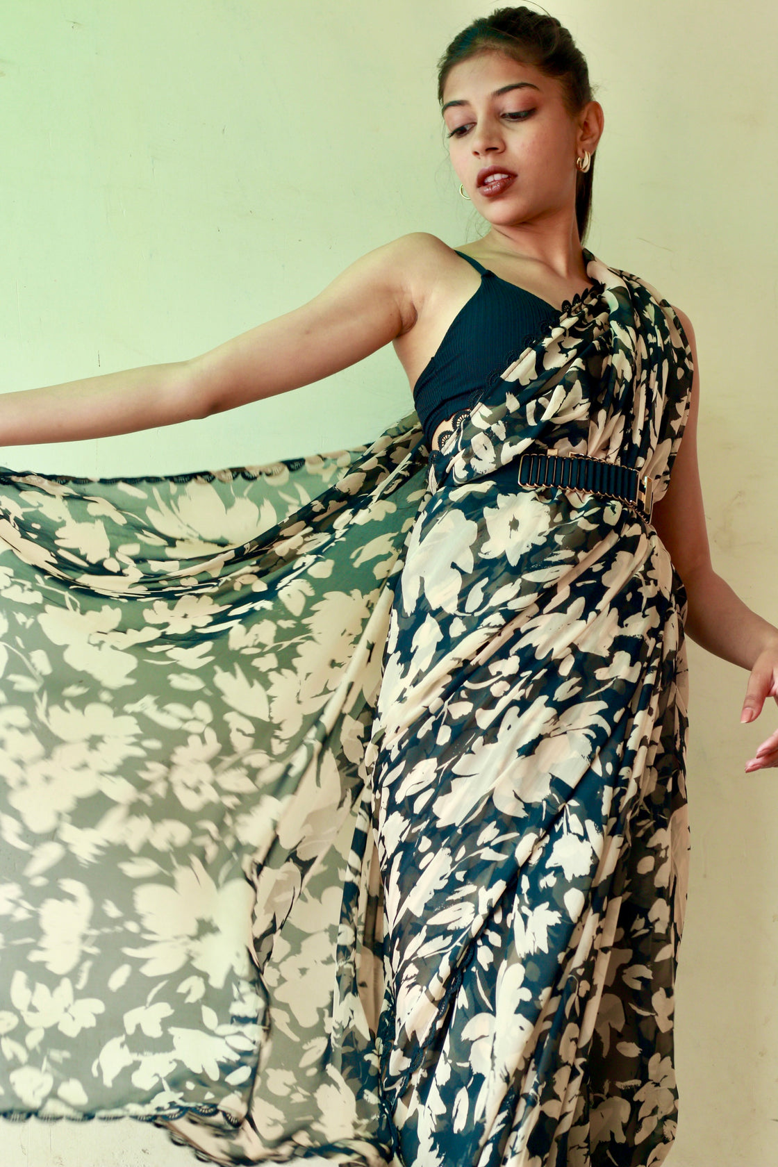 Black floral chiffon saree