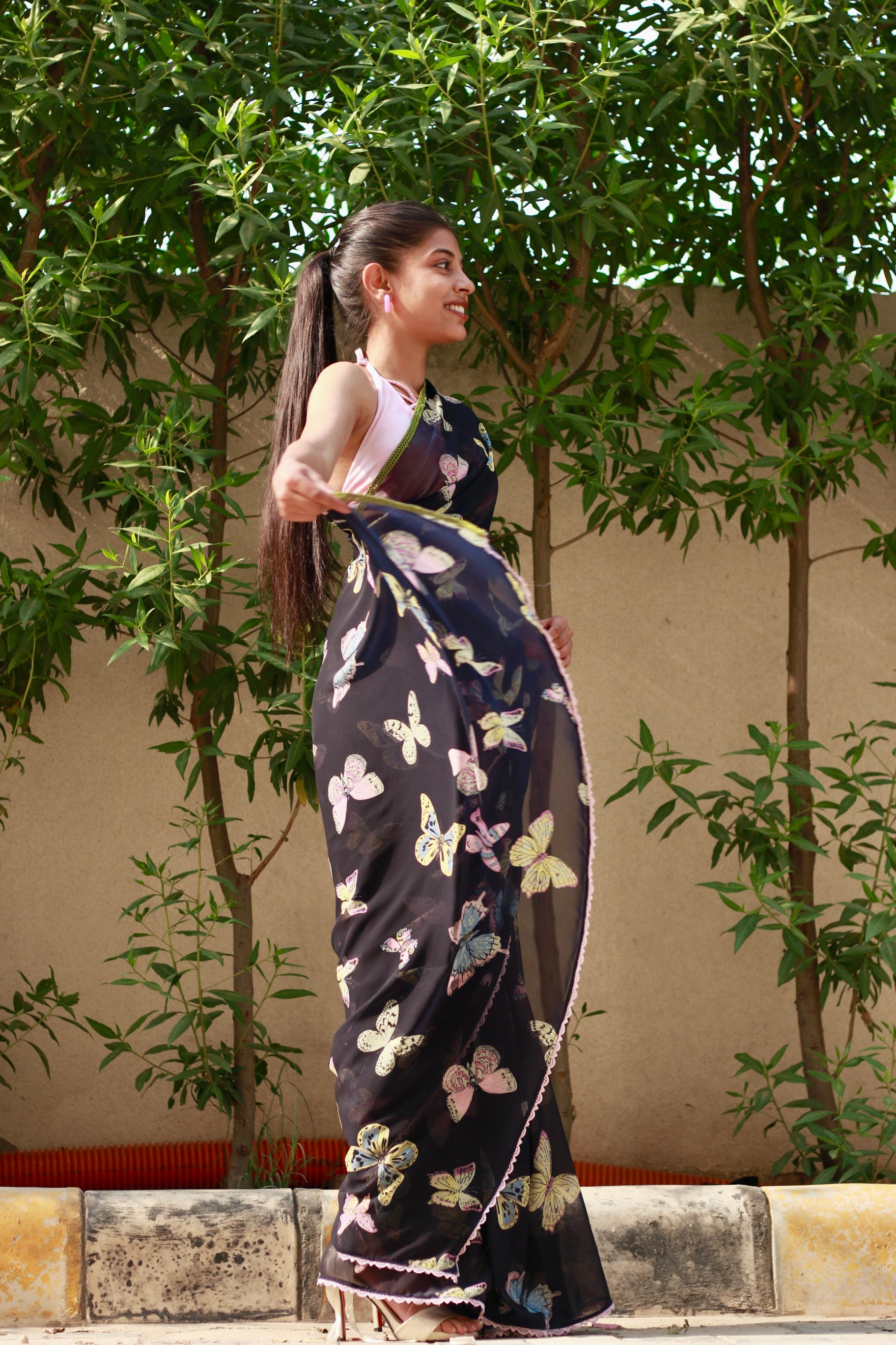 Navy blue printed georgette saree