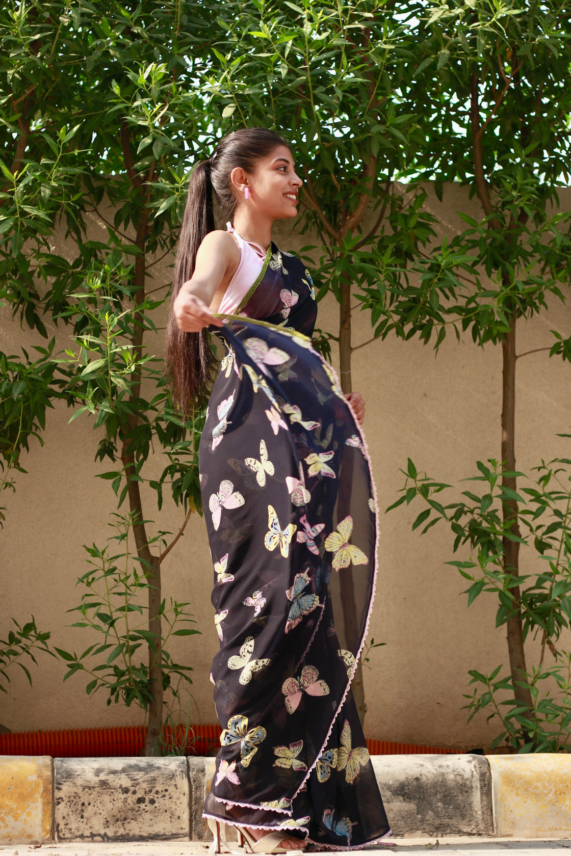 Navy blue printed georgette saree