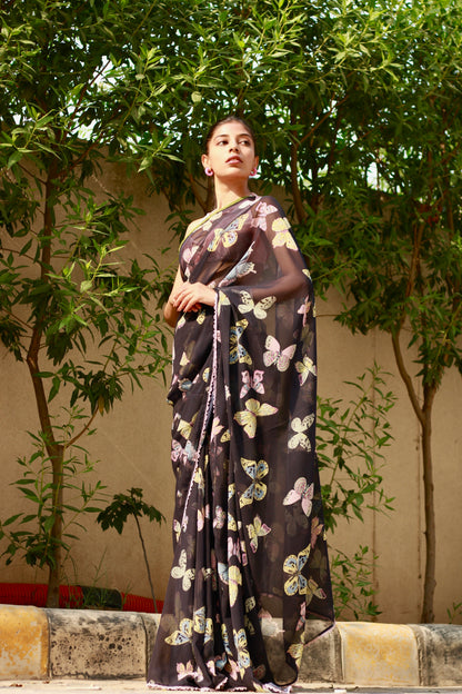 Navy blue printed georgette saree