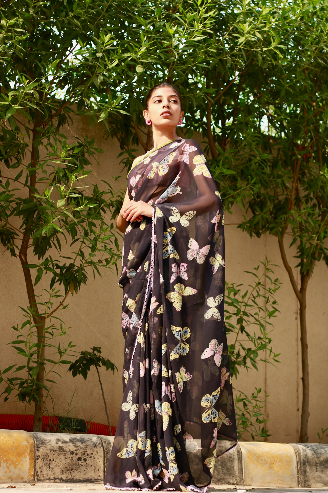 Navy blue printed georgette saree