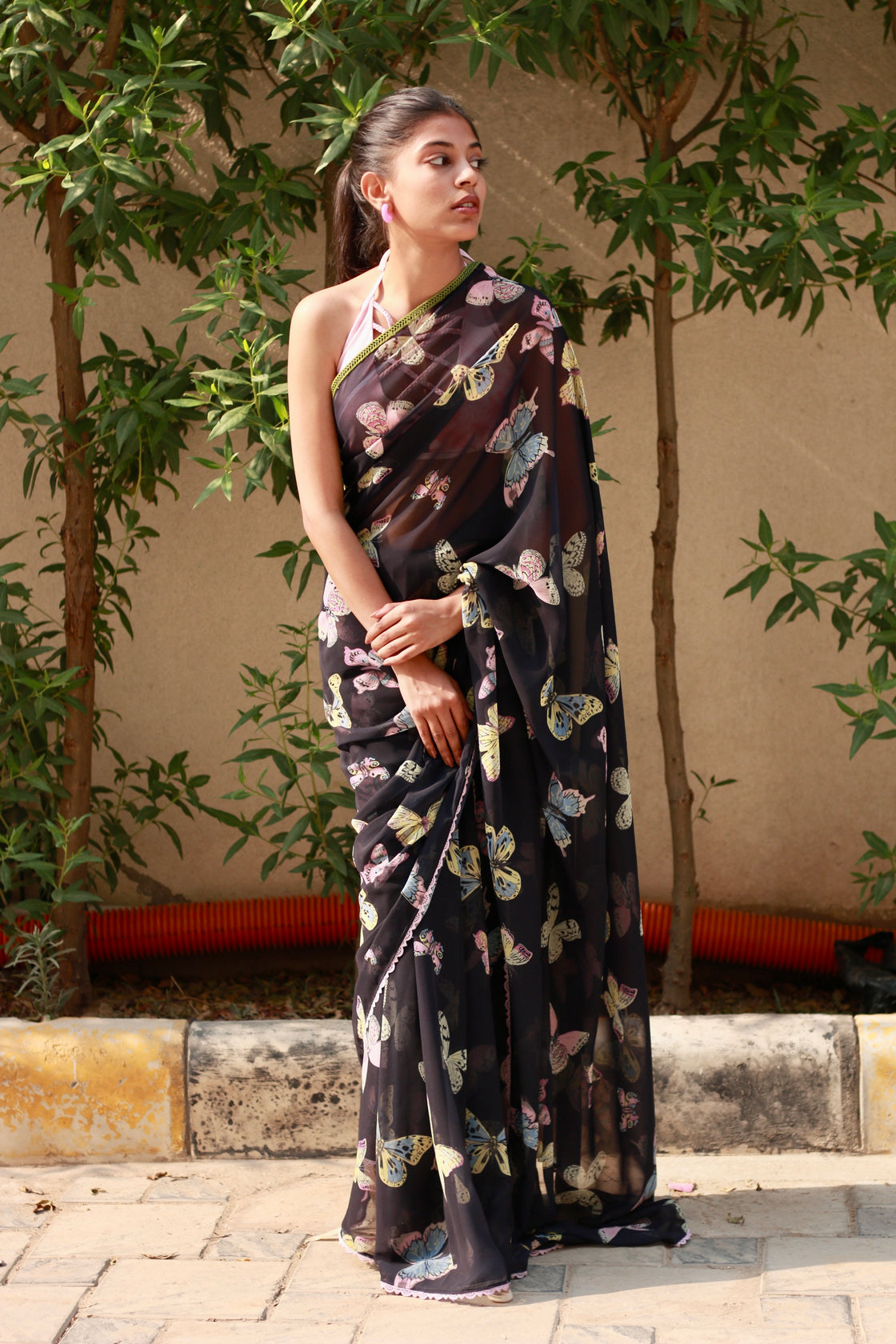 Navy blue printed georgette saree
