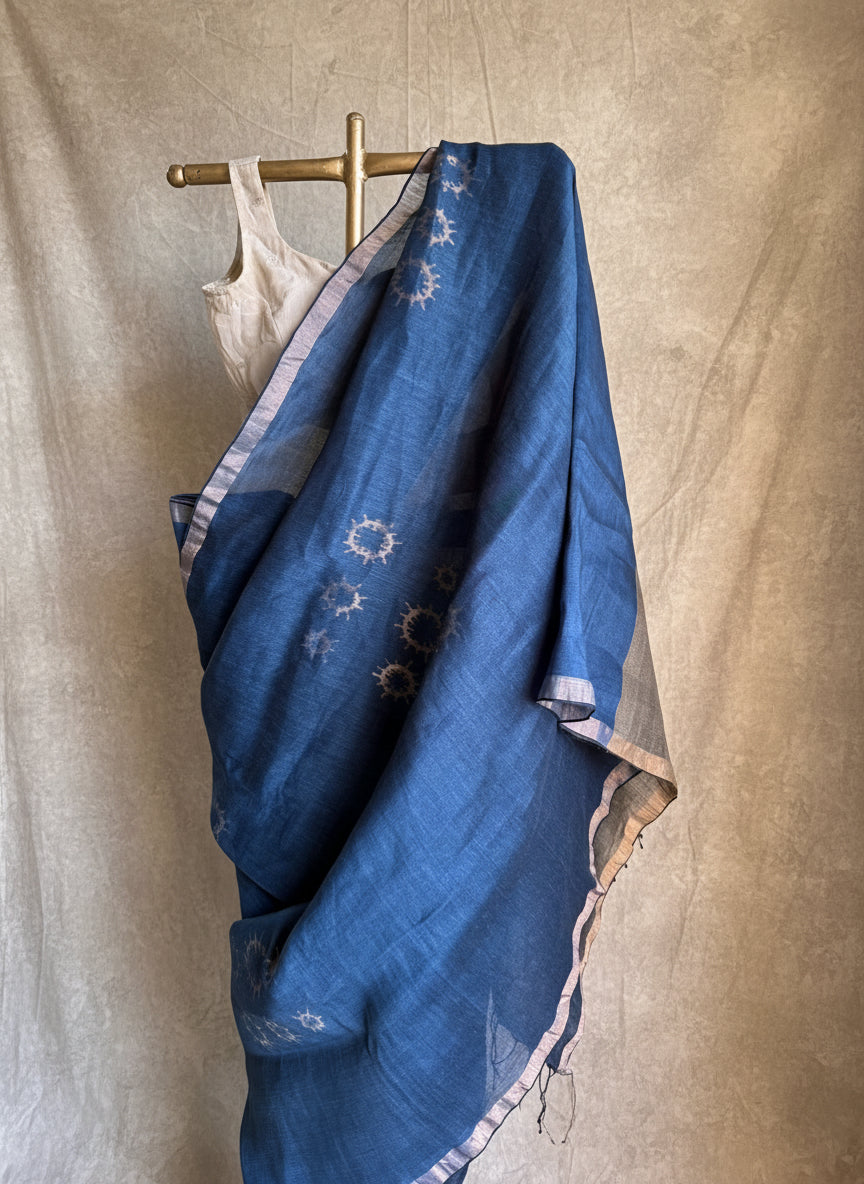 Blue jamdani linen saree