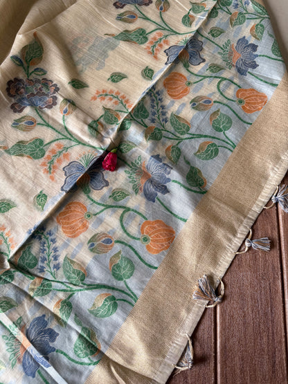 Beige chanderi cotton jamdani saree