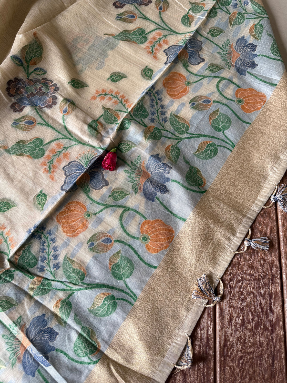 Beige chanderi cotton jamdani saree