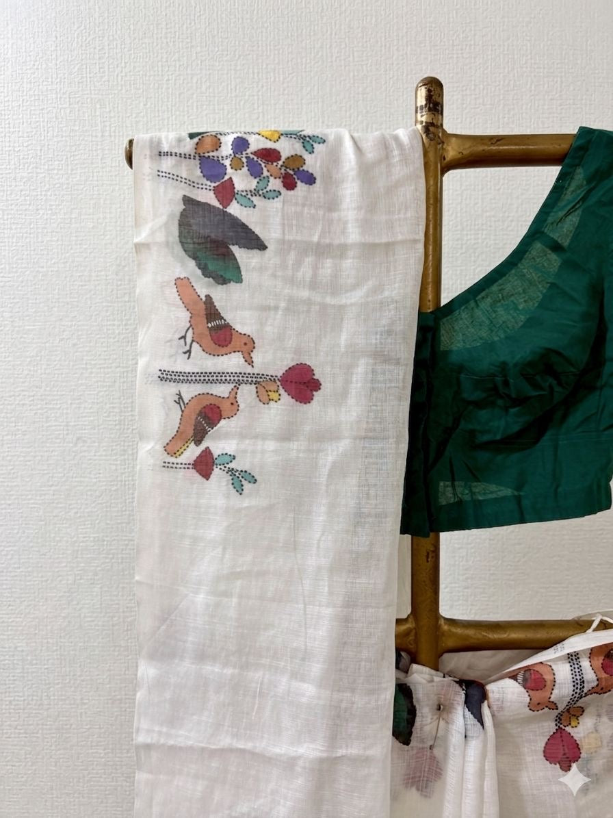 White linen cotton saree