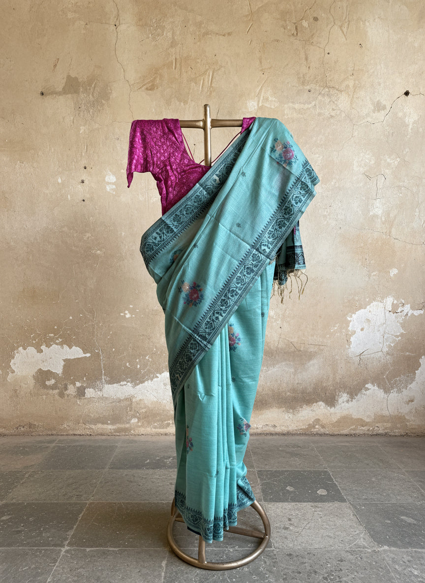 Teal chanderi cotton jamdani saree