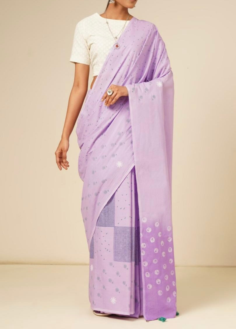 Lavender summer dew block printed mulmul saree