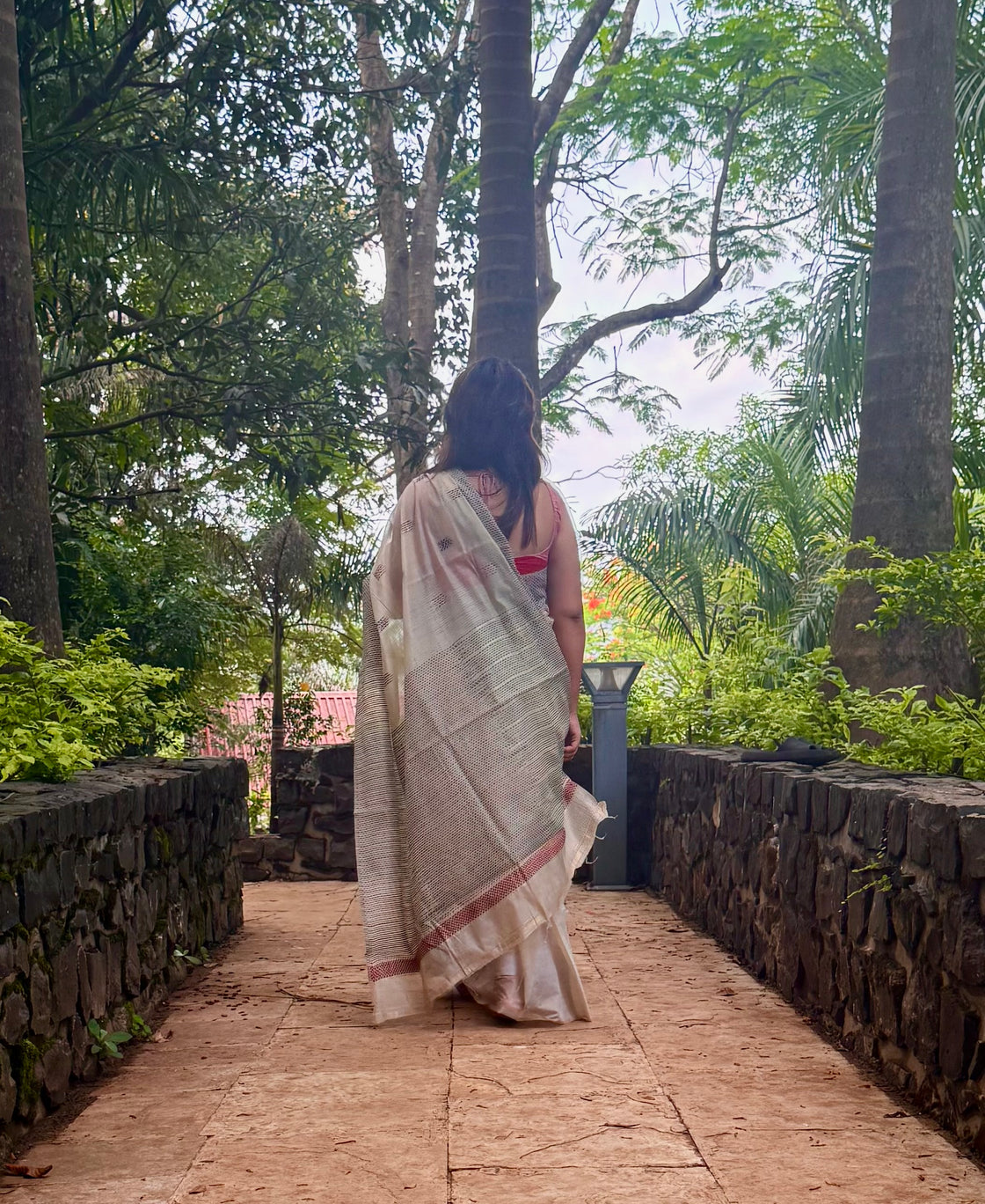 off white chanderi cotton kantha saree